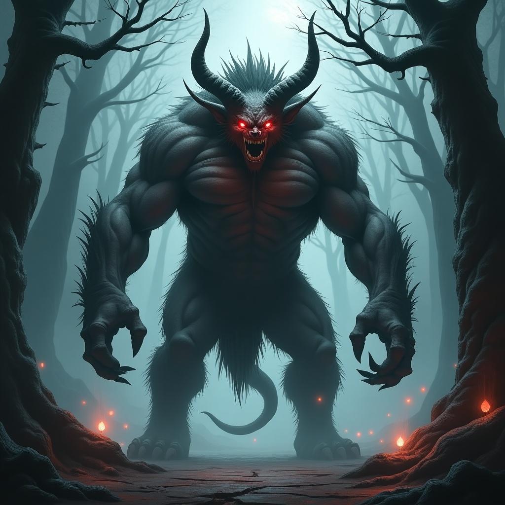 A massive demon stands tall in a dark forest. The creature has glowing red eyes and sharp fangs. Large horns curl back from its head. Its muscular body has rugged, scaly skin and jagged claws. The surroundings are misty with twisted trees. Eerie glowing orbs float in the air. The ground is cracked and steaming.