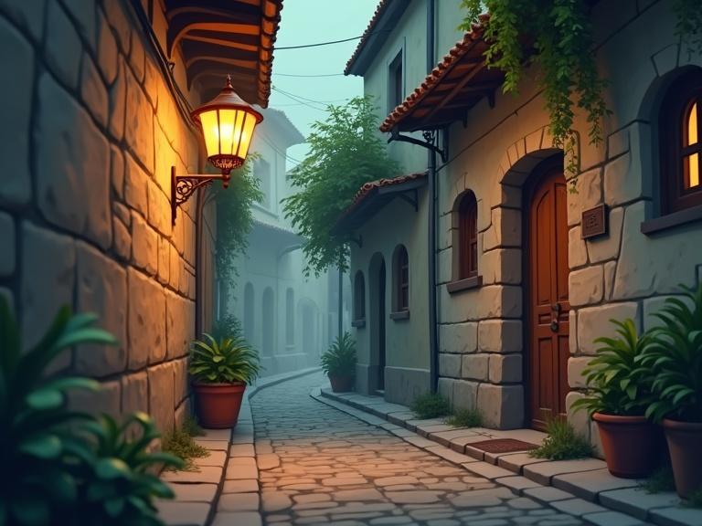 Cartoon scene depicting an old alleyway with an antique copper lamp on a stone wall and no light. The setting is quiet with plants and a typical European architectural style.