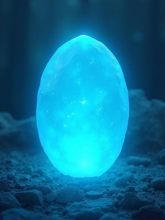 Fantasy card back design without text. Glowing blue oval stone centered in a 2D symmetrical layout. Light blue color theme. Clean and fun design.