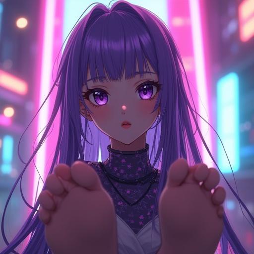 Ultra-realistic anime girl with long purple hair and highlights. She has soft expressive eyes and smooth pale skin. The background features a cyberpunk setting. The photography style resembles DSLR with cinematic lighting and depth of field. The girl shows her feet with soles facing the camera.