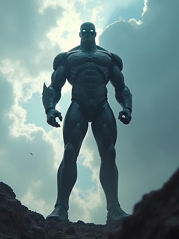 Low angle view of a towering superhero figure with dramatic sky. Emphasis on size and power in heroic pose. Strong highlights and shadows from above create depth.