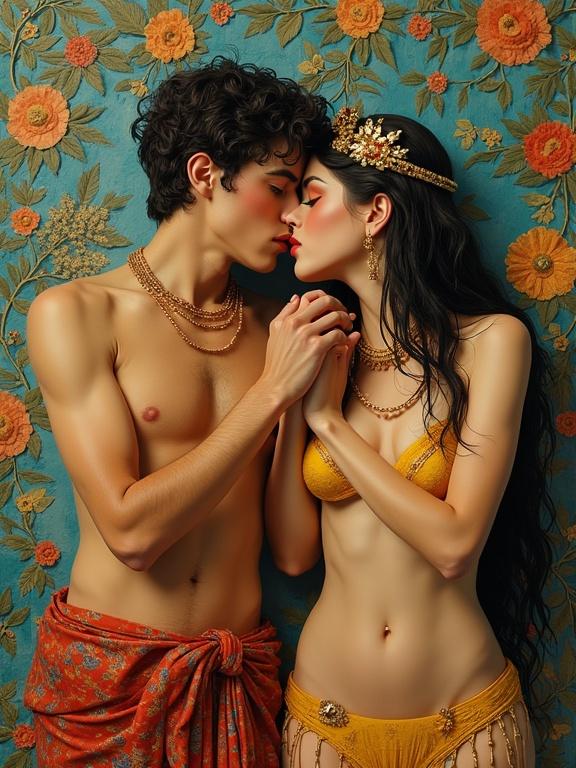 A romantic 3D painting depicting a couple in a close embrace. The scene features intricate floral patterns in the background. The male figure is wearing a colorful sash and jewelry. The female figure wears a yellow bikini and adorned with golden accessories. Both figures exhibit sensuality and intimacy.