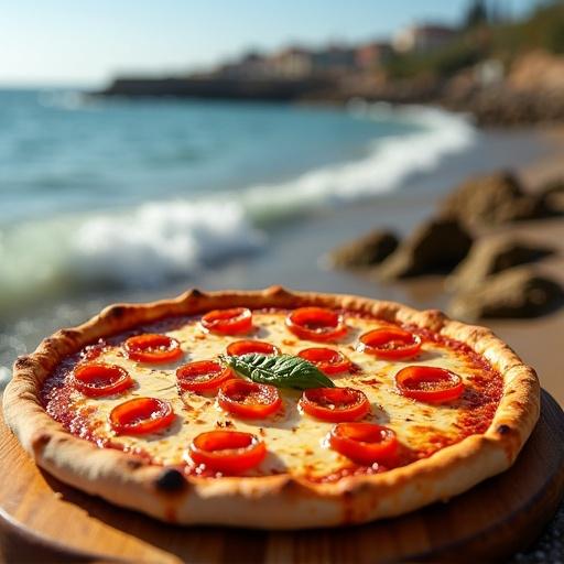 Close-up photography of pepperoni pizza with gooey cheese on a wooden surface by the sea