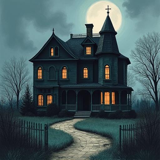 Gouache painting depicting a haunted house at night. Structure features gothic architecture with a dark color scheme. Windows glowing softly in the dark. Surrounded by a gloomy landscape with a winding pathway and a full moon.