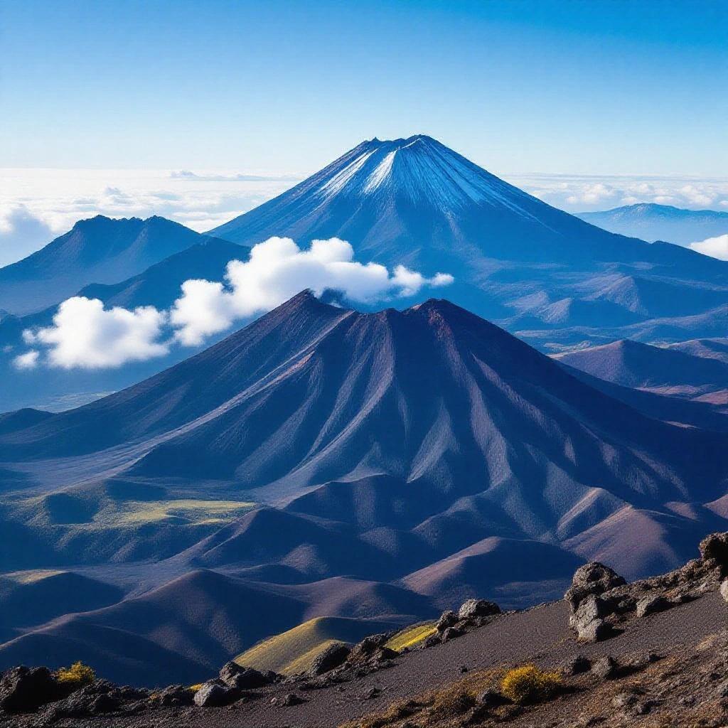 A bird's eye view of Mount Etna featuring sweeping landscapes with layered mountains and a bright sky. Snow cap visible on the peak, clouds rolling around the lower peaks, clear daylight.