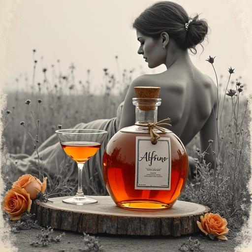 Art piece with selective color. Golden-reddish hues against monochrome. Focus on apothecary bottle labeled 'ALFRUNO'. Woman reclining in wildflower field. Bare shoulders visible. Transparent wrap enhances curves. Toasting with cocktail glass. Looking back at viewer. Bottle glows golden-reddish. Cork lid with elegant tag. Two glasses beside. Surrounded by roses and herbs. Mixed media art style with high contrast.