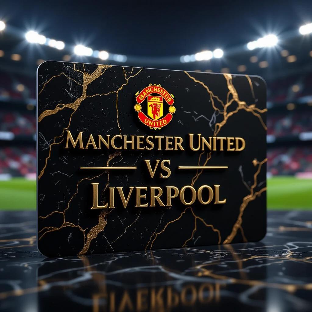 Ultra-realistic 3D graphic. Elegant embossed text. Black marble texture. Gold veins. Blurred football stadium in the background. Epic design.