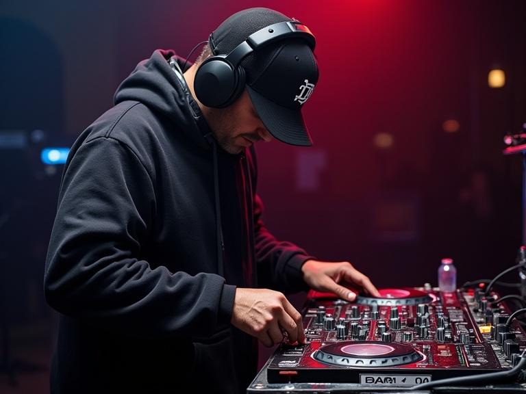 DJ performing at an event with a turntable and headphones. Dim lighting and red highlights create an energetic atmosphere.