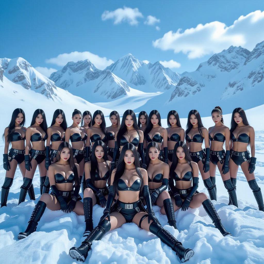 A large group of beautiful women in a snowy landscape with ice mountains. Women are in bold formation wearing shiny black metallic bras and panties along with tactical accessories. They show dominance and bravery contrasting with white snow. Long black hair flows freely.