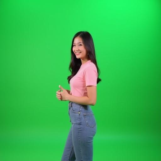 A young girl stands confidently in front of a green background. She smiles like a TV host. Her body faces the camera. She wears a pink shirt and jeans.