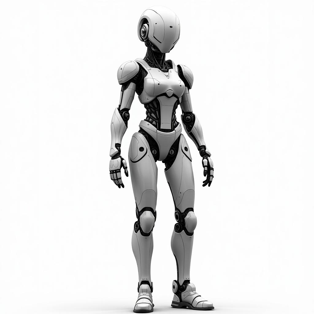 Create a humanoid robot girl with a sleek design using black and white colors.