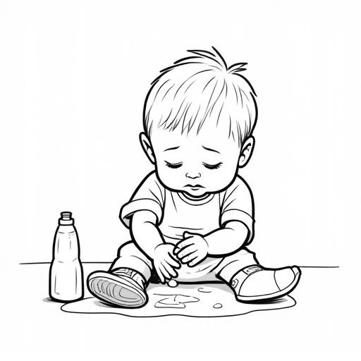Child illustrated in black and white, sitting and washing hands, bottle nearby, simple design for educational purposes.