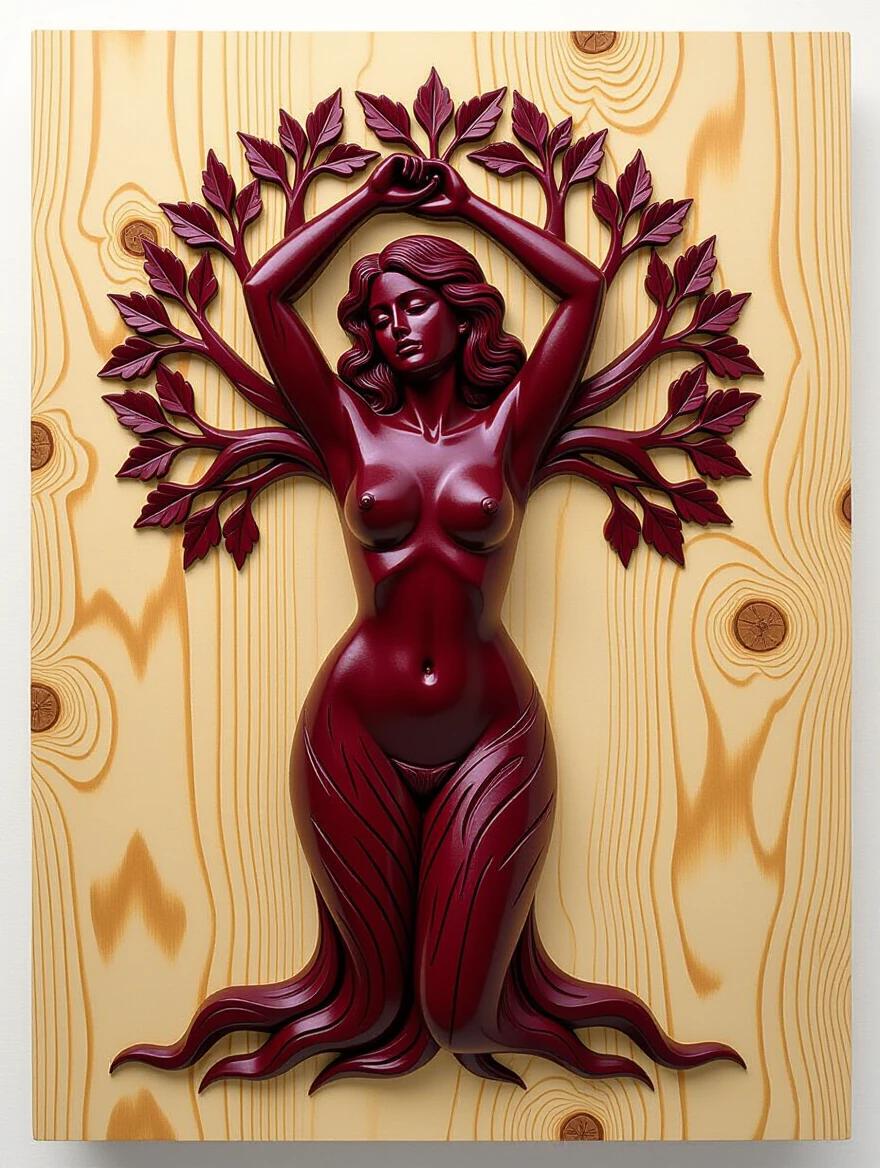 3D detailed closeup of a wooden relief carving of a nude figure representing a burgundy tree. The sculpture has rough wood grain texture enhancing its natural look. The entire piece embodies the spirit of nature in its design.
