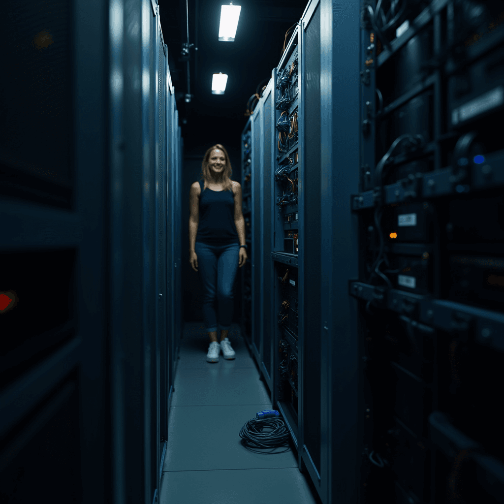 A person walks through a narrow corridor in a server room.