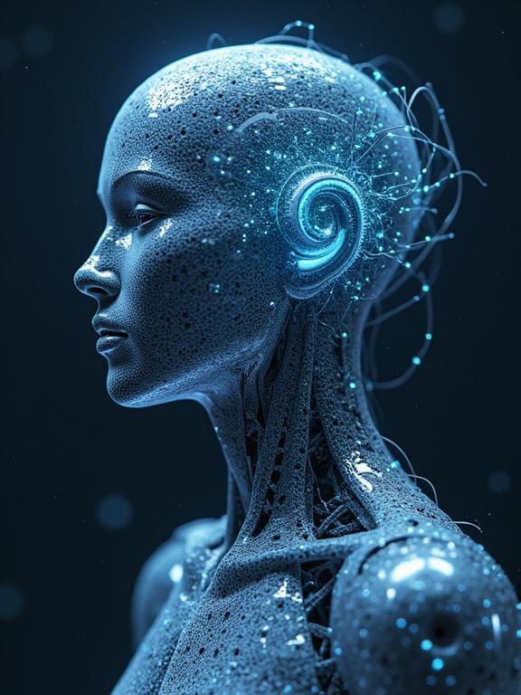 Portrait of a futuristic humanoid robotic figure showcasing advanced AGI features. Soft glowing elements integrated into the head design. Profile view highlighting unique textures and craftsmanship of the robot. Background is dark to emphasize the figure's illumination.