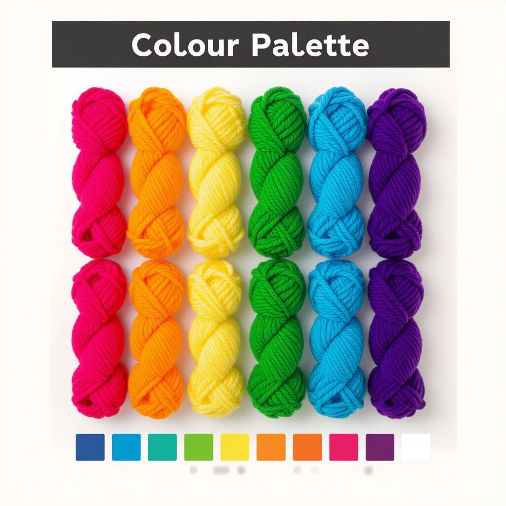 Color palette displayed with yarn skeins showing a variety of vibrant hues. Each color is represented by a yarn skein. The arrangement presents a clear view of the color options available for design purposes.