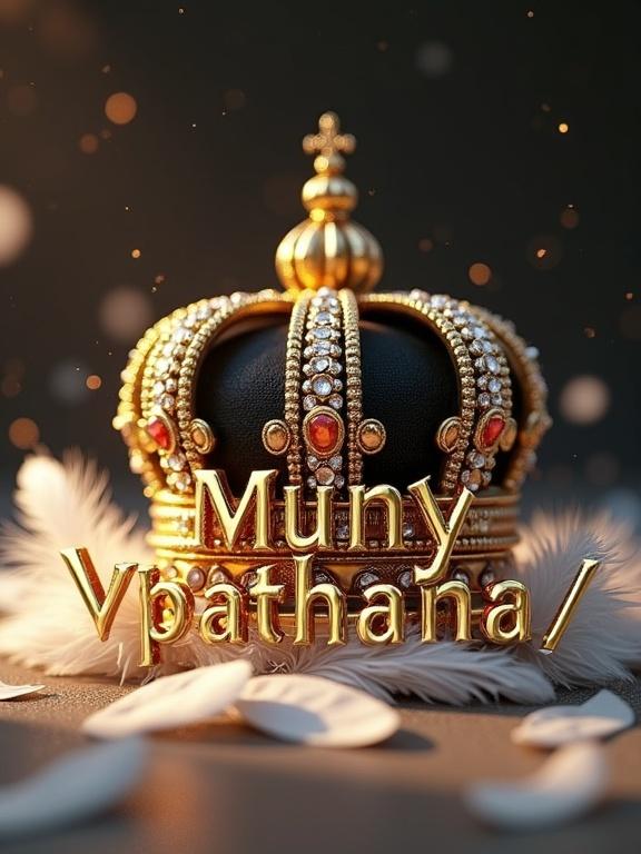 A 3D render of a black and gold crown with gemstones above the words Muny Vathana in gold font. The crown reflects soft light and has delicate white feathers around the text. There is a faint signature in the corner against a blurred background.