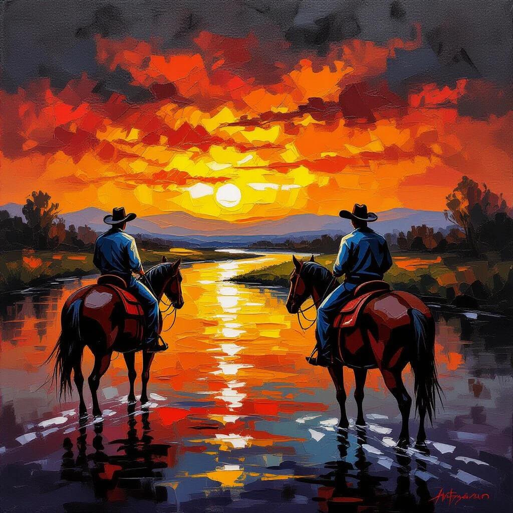 Silhouettes of two cowboys on horses by a river at sunset. Vibrant colors blended in an oil painting.