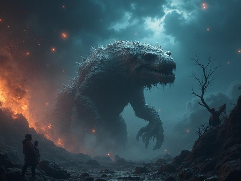 Create a large, mythical creature in a dramatic landscape. The creature should appear imposing against a moody, atmospheric background with glowing elements and volcanic features.