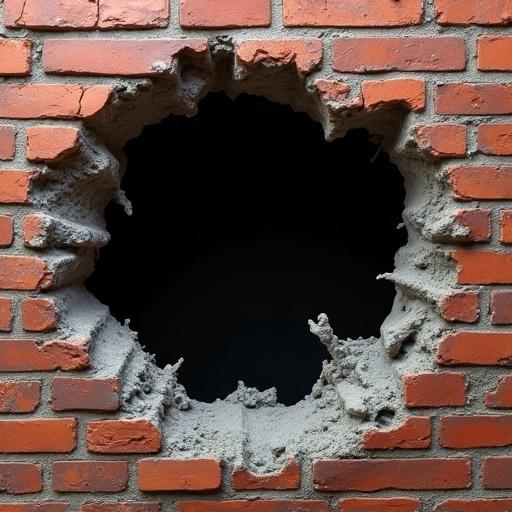 Brick wall with a large hole in the middle. Concrete chunks exploding outward. Black background behind.