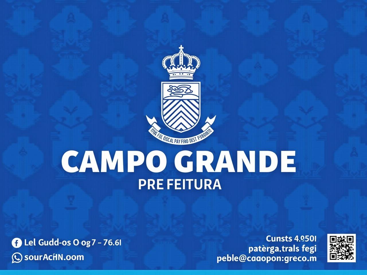 The image features a bold blue background with a geometric pattern. At the center, there is a coat of arms or emblem featuring a crowned shield with a dove and waves. Below the emblem, the name "CAMPO GRANDE" is written in large, white letters, followed by the word "PREFEITURA" in smaller text. There are contact details displayed on the bottom right corner, including a phone number and a QR code for more information. The overall design conveys a sense of organization and professionalism.