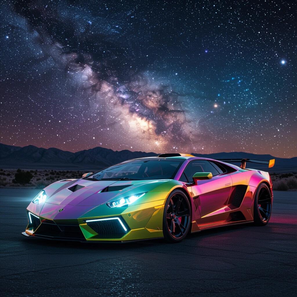 Bright colored parked angular hypercar under a nebula sky at night. Raw photo of a futuristic low rider.