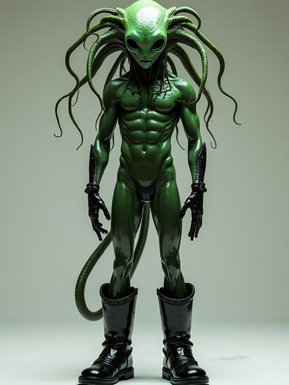 Photorealistic portrait of a humanoid alien with viridian slimy skin and black eyes. Tentacles resembling dreadlocks. Tall figure in a shiny black latex suit. Large boots. Muscular but lean body. Froglike fingers and amphibian legs. Shot from the front.
