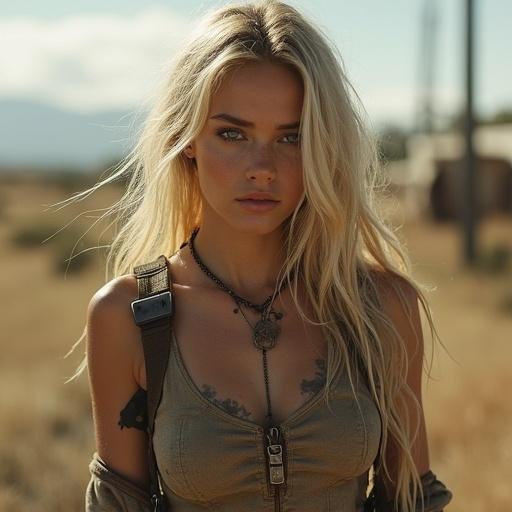 Blonde girl in a post-apocalyptic setting. She wears a rugged outfit. Background shows a barren landscape. The scene evokes a sense of survival and resilience.