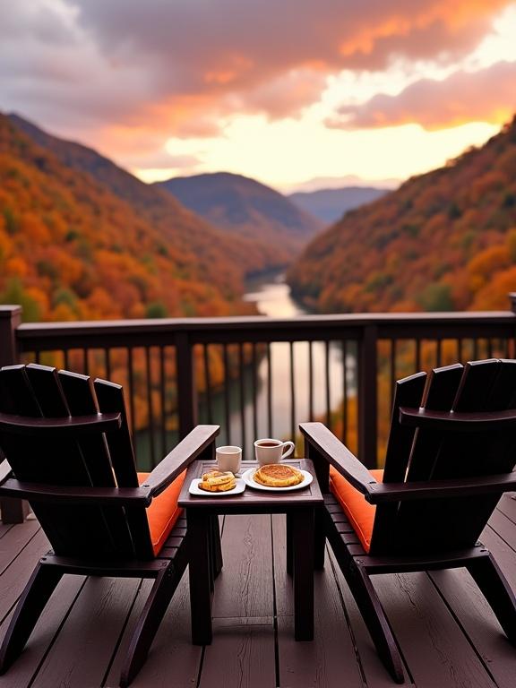 Scenic outdoor setting on a wooden deck overlooking a vibrant autumn landscape. Dark brown wooden floor and railing with vertical slats. Two dark brown Adirondack chairs with orange cushions facing the view. Small dark brown side table with two white mugs and two plates with pancakes. Background shows a winding river and dense forests with orange, red, and yellow leaves. Sunset casts warm orange and pink hues across clouds.