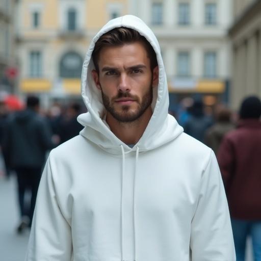 A handsome man stands in the center wearing a white hoodie. Focus on the man with a blurred background. Other people are walking behind him.