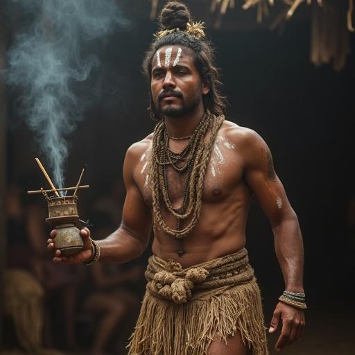 Maya ritual dancer dressed in earth-toned fabric with jute belt and natural accessories holding a smoking incense burner with copal. Body adorned with vertical white lines and soft tribal face paint, in a smoky and sacred atmosphere.
