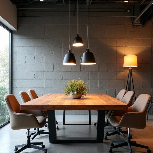 Image features a spacious conference room. A large wooden table is centrally placed. Soft chairs surround the table. Three black suspension lights illuminate the table. A potted plant sits in the center. A tall floor lamp stands nearby. Natural light comes from a large window.