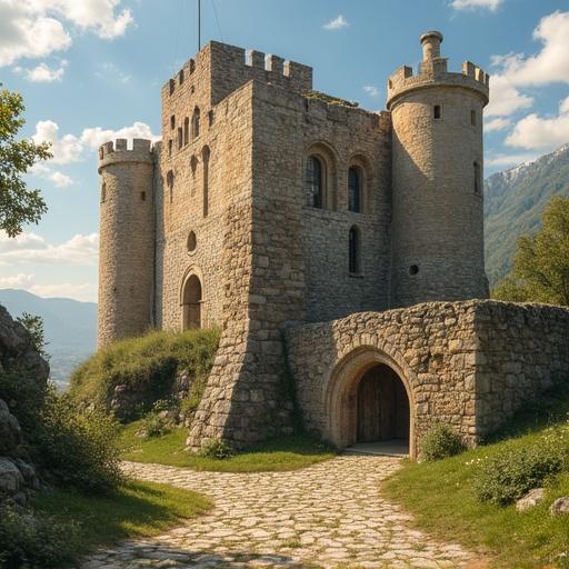 Medieval castle wall with an altar made of bricks at the bottom. Castle features towers, stone walls, and surrounding nature.