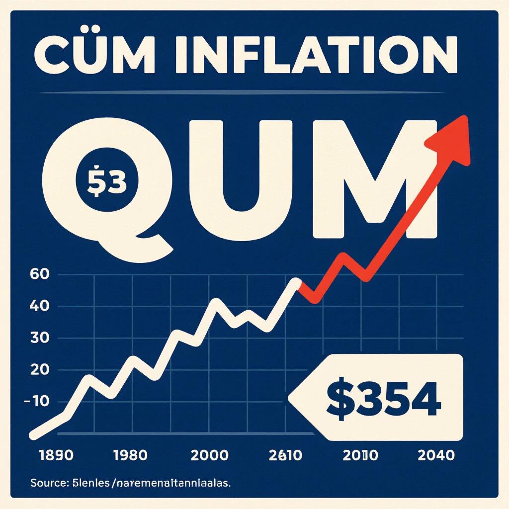 A graph illustrating CUM inflation over the years. The graph shows a steady upward trend from 1890 to 2040. The y-axis represents inflation levels, and the x-axis indicates the years from 1890 to 2040. The graph culminates at $354 in 2040 with a bold red arrow depicting the rise.