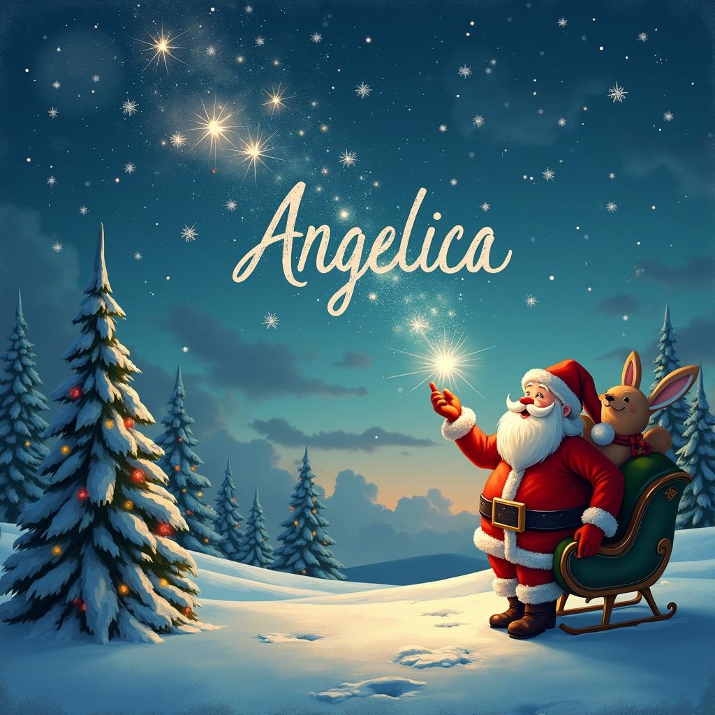 The image depicts Santa Claus in a snowy landscape, joyfully conjuring magical writing in the sky that spells 'Angelica'. He is dressed in a classic red and white suit, sitting in a green sled. A friendly rabbit accompanies him, adding a whimsical touch. Tall evergreen trees dusted with snow create a serene background. The sky is adorned with twinkling stars, enhancing the magical atmosphere. This scene perfectly captures the essence of Christmas and holiday cheer, making it ideal for festive occasions.