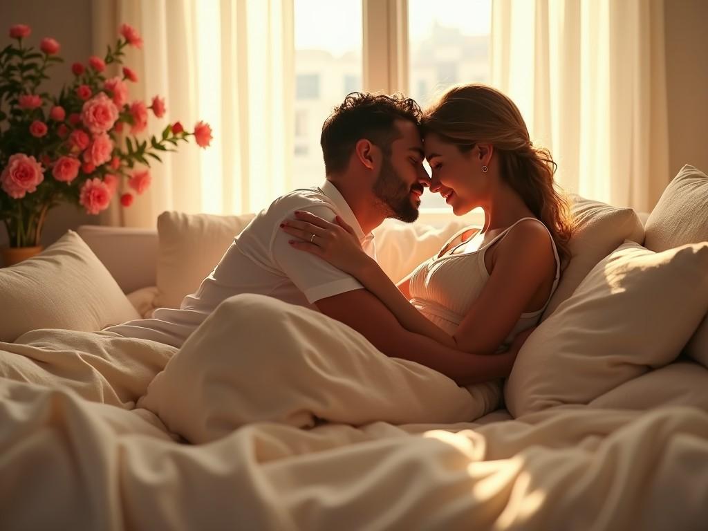 A romantic couple snuggling in bed with soft lighting through tall windows, surrounded by plush pillows and a vase of flowers in the background.