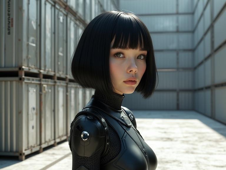 Image of a short female character with sleek long bob black hair. The character wears a black sci-fi textured exosuit. Background includes metal crates and a grate floor in a sunny desert setting. The lighting highlights details and reflections in the scene.