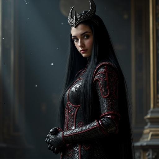 A beautiful young woman with long black hair in gothic armor with crimson embroidery. She wears a crescent moon crown. Her armor fits tightly, enhancing her curvy figure. She stands nervously on one leg. Her head is bowed, and she avoids eye contact. Fingers fidget at her waist showing realism. Her skin is porcelain smooth with blush and a shy smile. Magical particles float around in a dark throne room lit by moonlight.