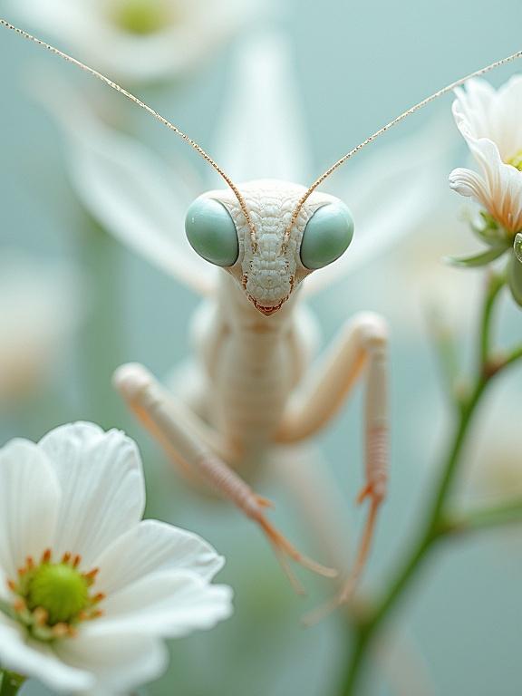 Ethereal praying mantis-like creature among delicate white flowers. Soft colors of white, cream, faint pink, and green create a dreamy look. Detailed features include large spherical eyes, long delicate limbs, and gossamer wings. Light background features a soft gradient. Focus on the intricate textures of both the insect and flowers.