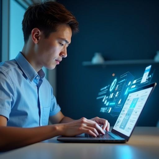 A person in their late 20s to early 30s with light skin tone, working intently on a laptop in a modern office setting. Short, neatly styled brown hair, wearing a light blue short-sleeved shirt. Facial expression shows concentration. The office has a dark blue wall, artificial lighting creating a professional atmosphere. Holographic user interface elements above the laptop add a futuristic touch.