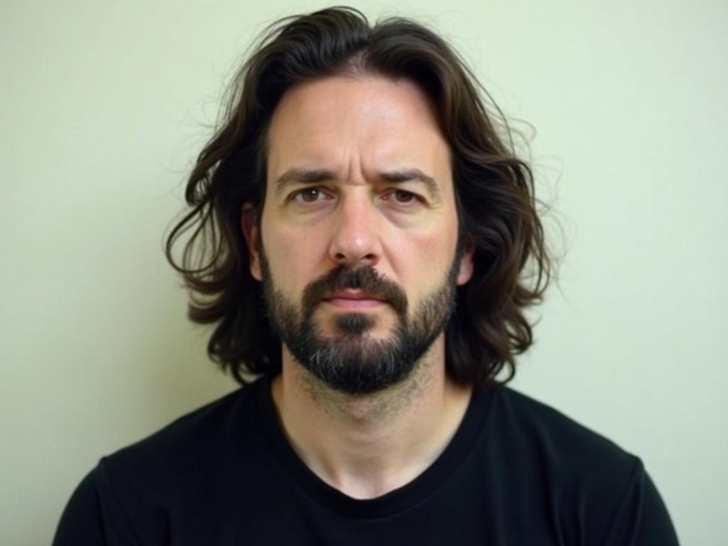 This is a portrait of a man with long, dark hair and a beard. He has a serious expression on his face, looking directly at the camera. The background is plain and light in color, which contrasts with his darker features. He is wearing a simple black shirt. The focus of the image is on his face, highlighting his facial structure and hair.