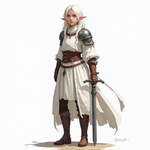 A half-elf girl dressed in white, 17 years old. Features partially armored attire. Holds a long sword in her right hand.