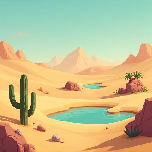 A desert landscape featuring a sand dune as a gentle hill in the middle ground. A single cactus grows on the right side of the desert. In the foreground, there is a cluster of hardy desert shrubs. On the left side, rugged rock formations can be seen. A tiny oasis with a palm tree and small water pool is located near the center.