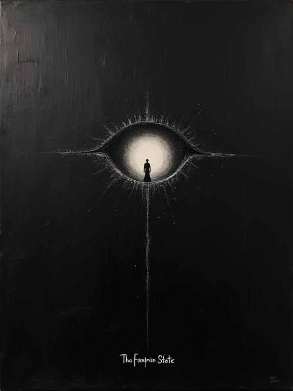 An extremely rough oil painting with black background. A large stylized silhouette eye at the top of the page. The eye filled with cosmic void. The words 'That Familiar Static' and 'H. Bellerose' written at the bottom. Rough silhouette shape of a small rural 70's town. Film grain and scratches.