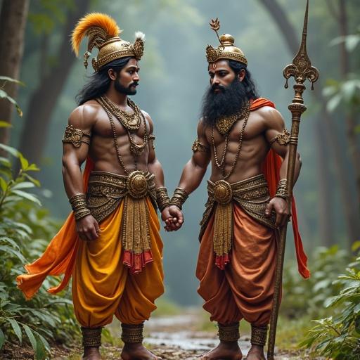 Depicts two heroic figures from Hindu mythology in a lush green forest. They are dressed in traditional attire and display strength and camaraderie. Shree Krishna has a peacock feather in his hair. Arjuna shows bravery and valor. The scene captures a moment of unity between the two figures.