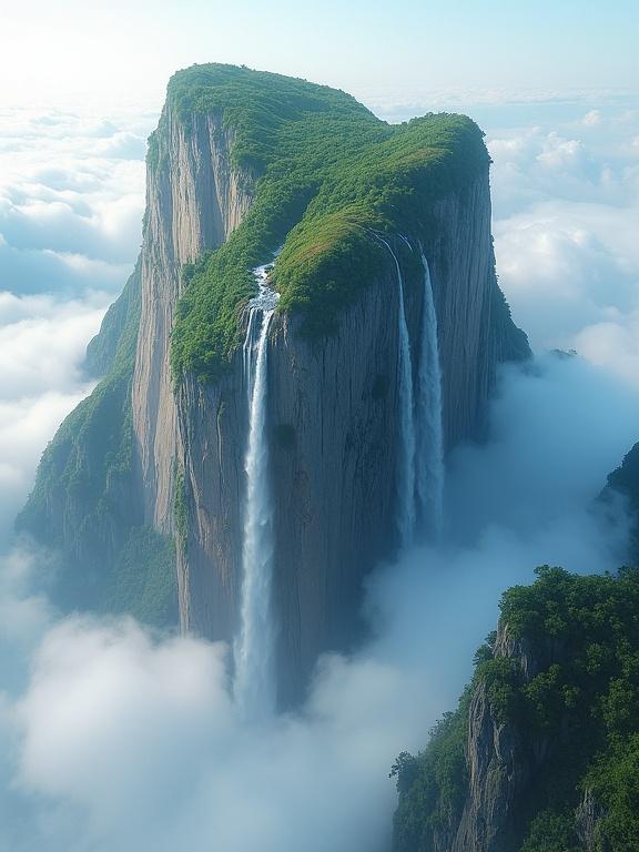 Majestic mountain floating high above clouds with waterfalls cascading down rocky sides. Scene has soft light and lush greenery.