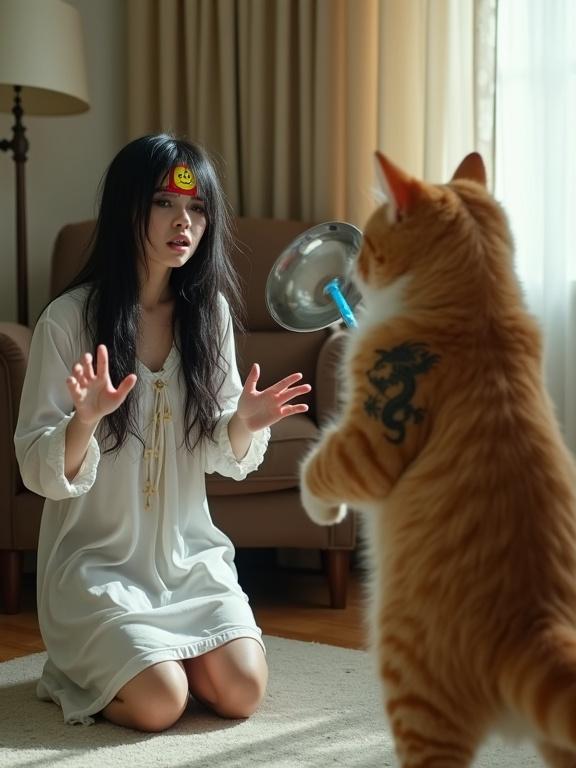 Indoor scene with a ghost and a cat. A terrified ghost kneels with hands raised. Ghost has messy hair makeup wearing white nightgown. Talismans on ghost's forehead. Orange tabby cat stands upright with a tattoo. Cat points a ladle at the ghost. Background includes curtains chair and lamp. Sharp lighting without warm tones.