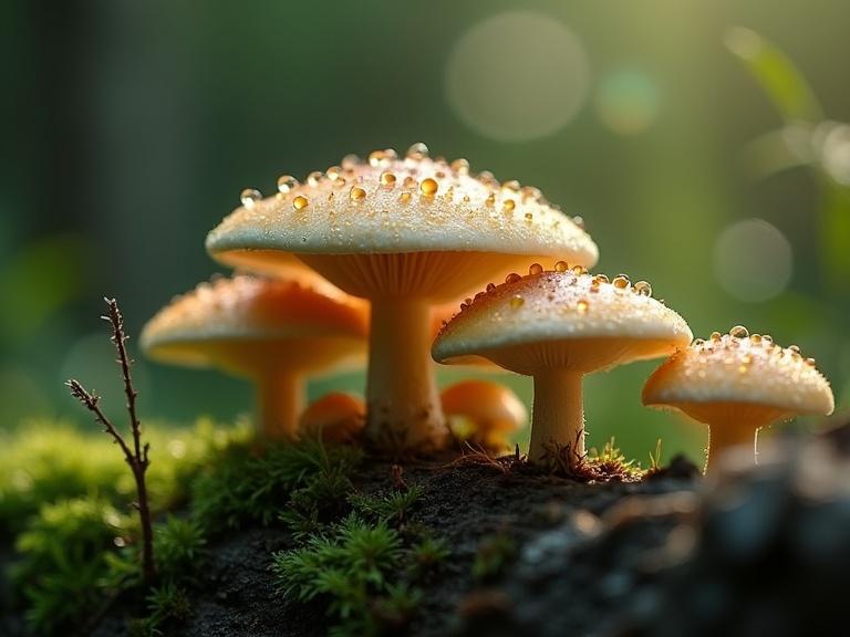 Extreme macro photography of a group of cream splashed mushrooms on mossy dead wood. Mushrooms covered in morning dew. Dew drops shimmer in the light. Backlit with a blurry dark matte green background and dreamy bokeh.