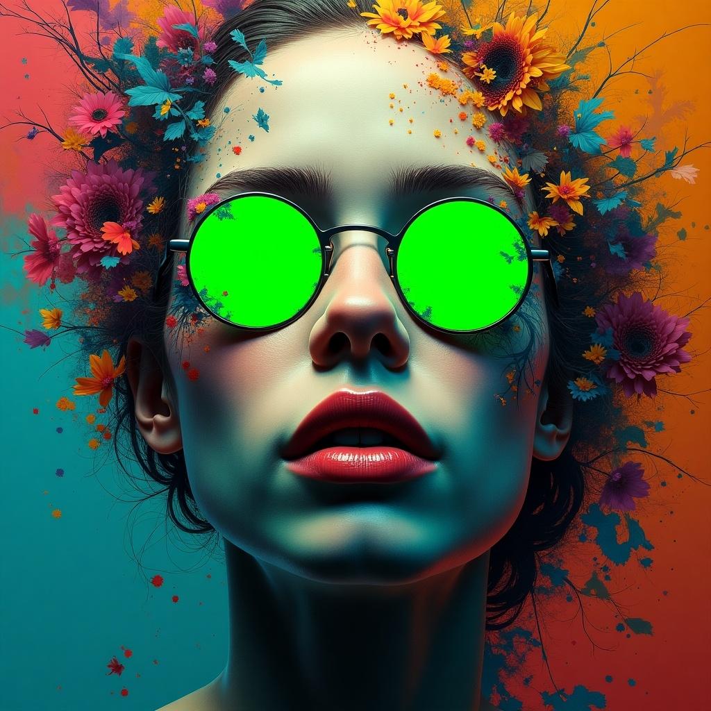 Woman with green sunglasses and colorful floral elements surrounding her face. Bright and vivid color palette with emphasis on green and orange.