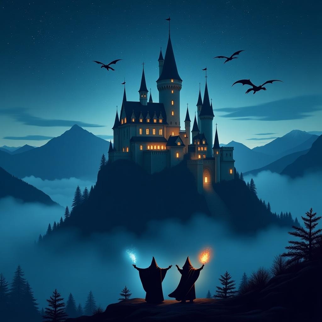 A magical castle at night with two wizards casting spells against a starry sky. Dragons fly over mountains covered in mist.